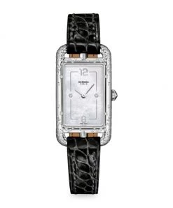HERMÈS Nantucket Stainless Steel, Diamond & Alligator Leather Strap Watch