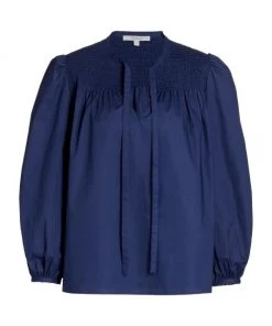 Derek Lam 10 Crosby Austin Smocked Top Blouse Deep Blue